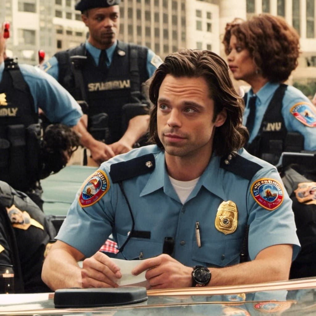 Sebastian Stan with longer hair as a policeman. <lora:Laughi...