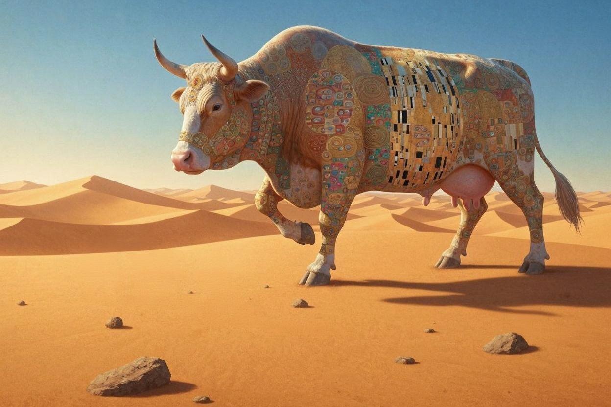 Giant Cow Versus Heroes in Sahara, Klimt Style