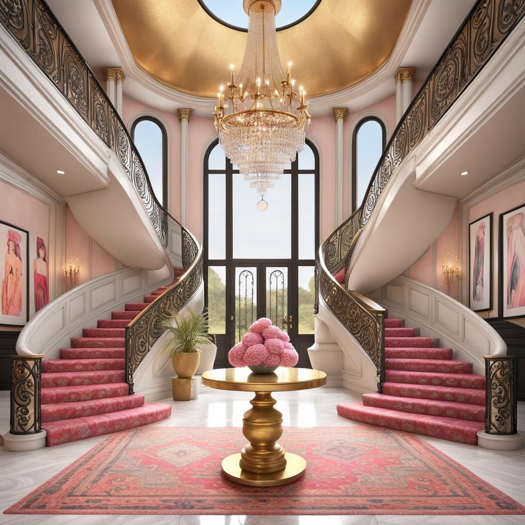 a foyer with a groined vaulted ceiling, crystal chandelier, ...