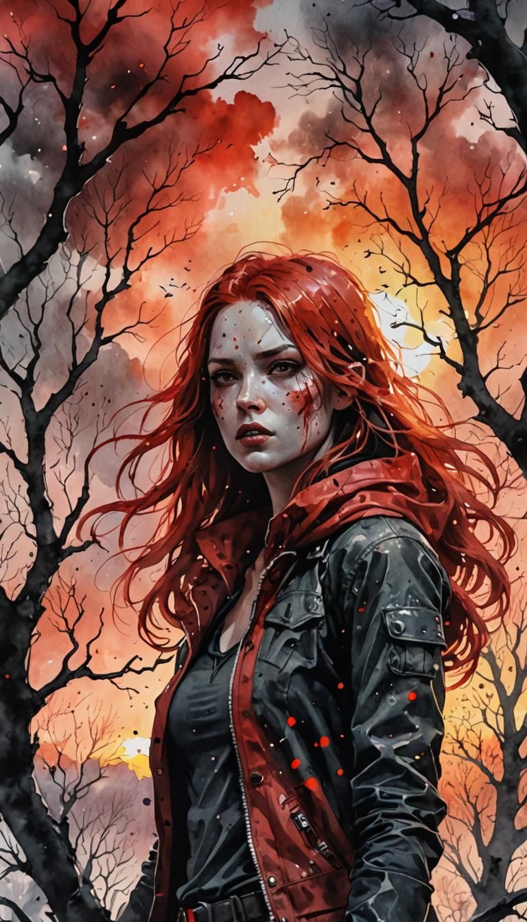 War.Horror.Watercolor.Female.Red hood. Ethereal hair.Freckle...