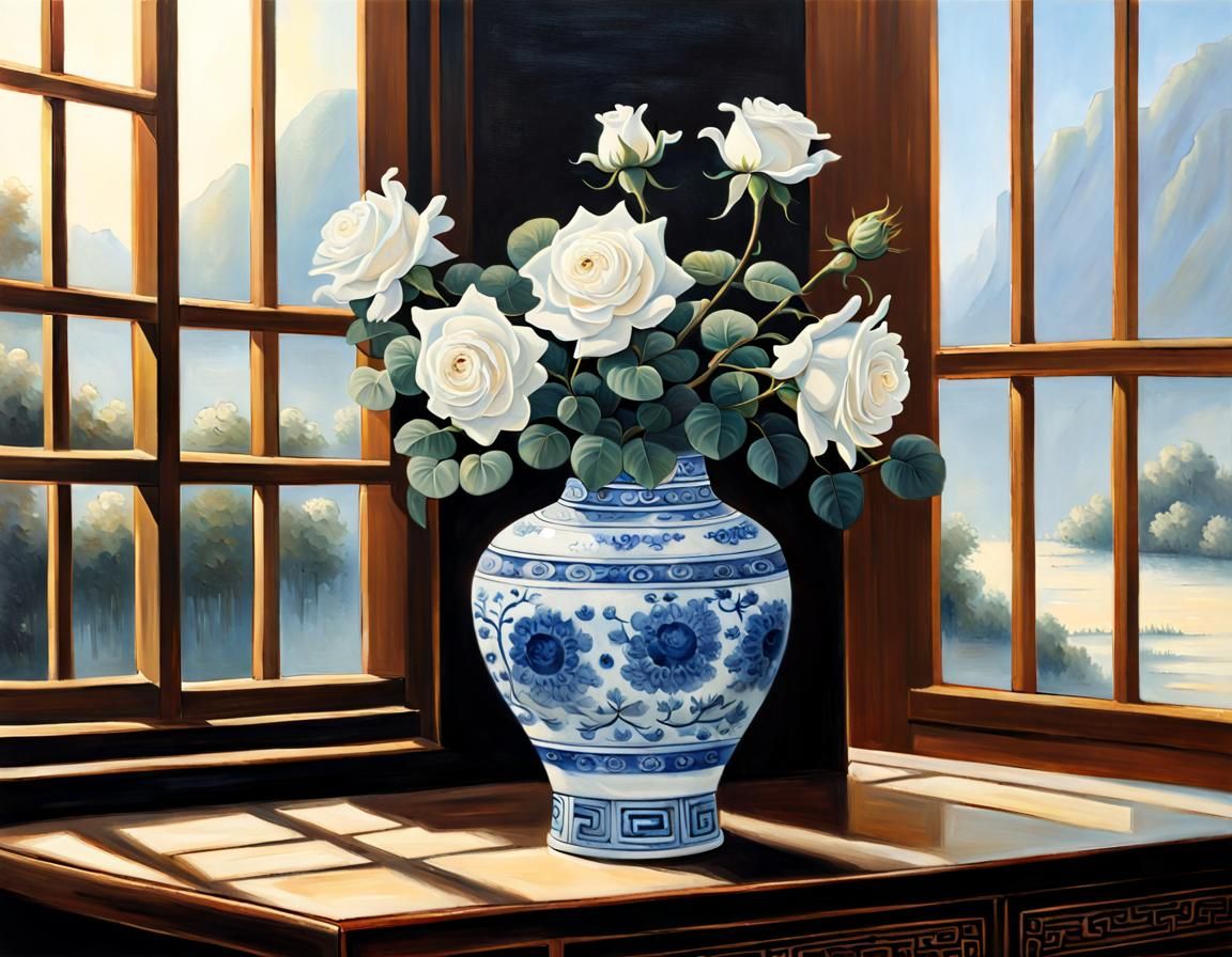 Ming dynasty blue and white antique vase with white roses