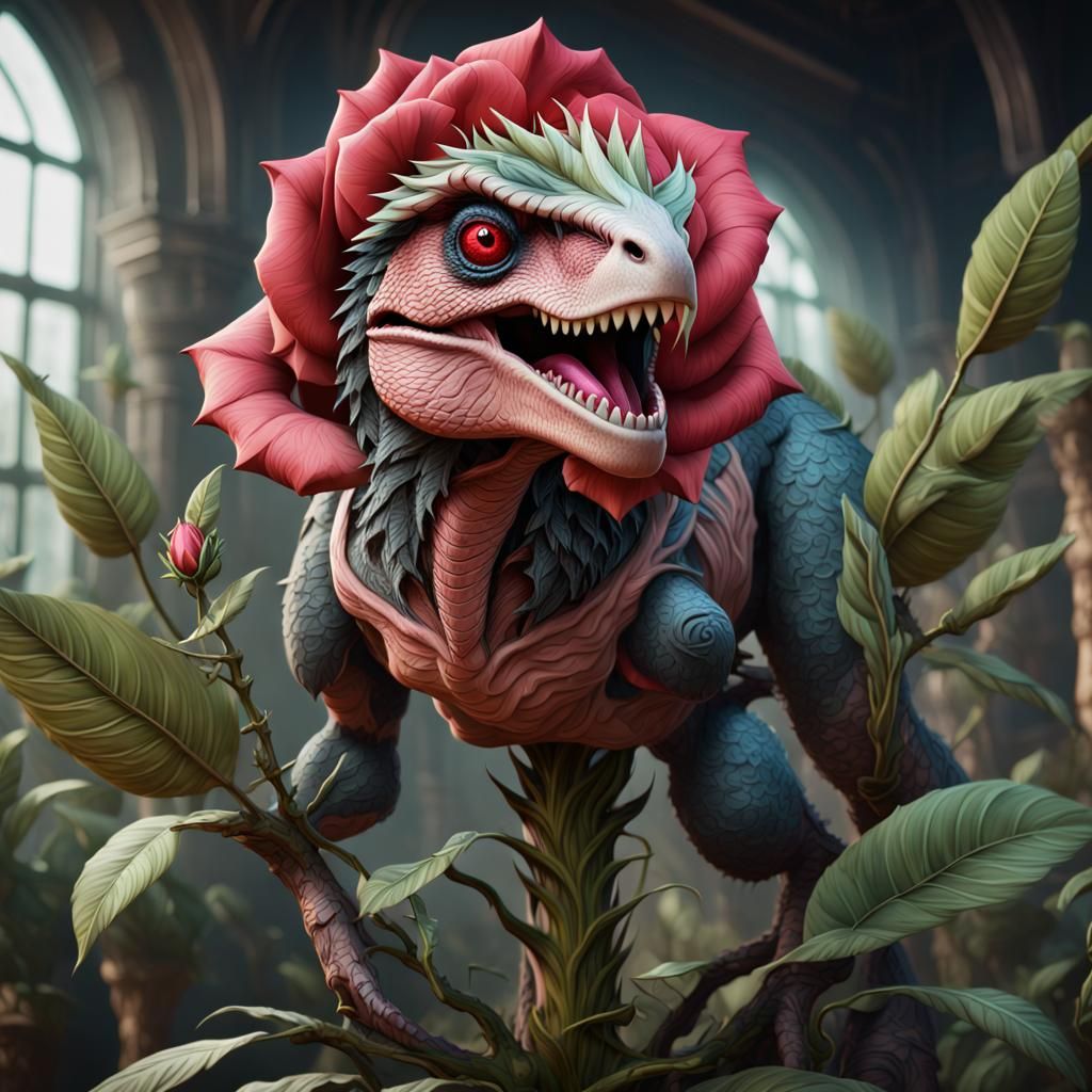 Monster plant raptor made from plant fiber with big rose on ...