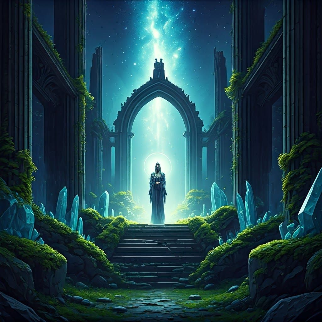 Mystical Priestess in Ruined Temple Dreamscape