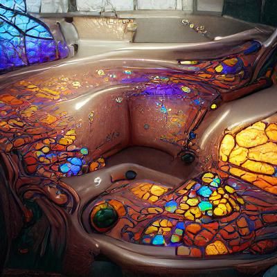 a large soaking bath tub made out of stain glass