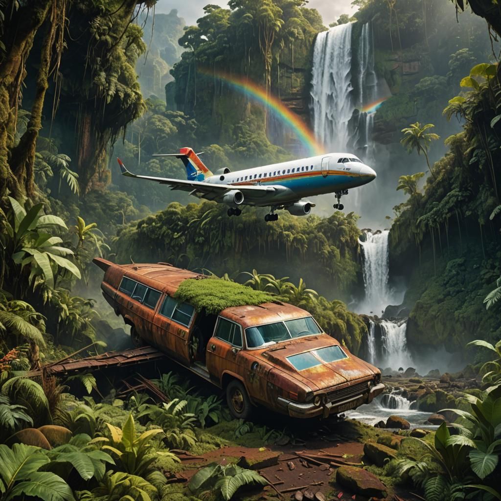 Old rusty overgrown jumbojet on ground in rainforest, giant ...