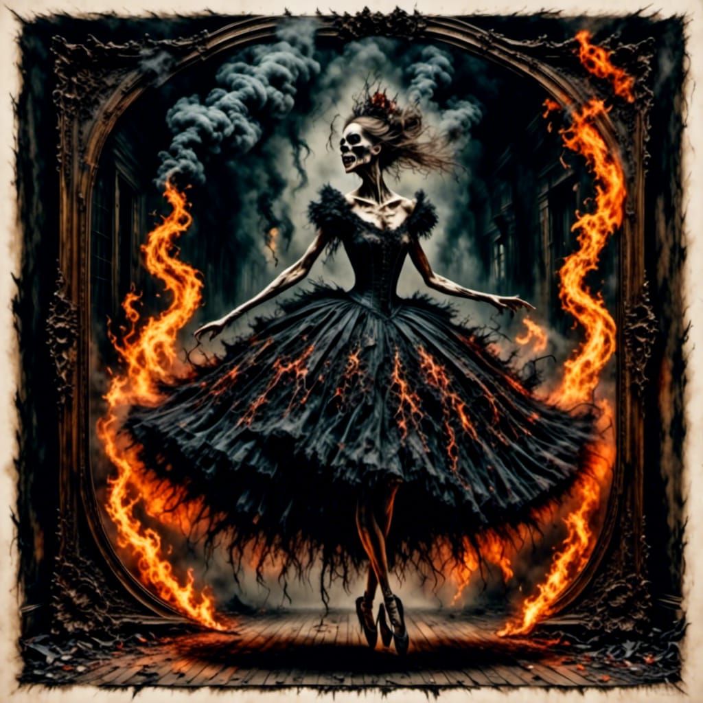 Hyperdetailed Decayed Zombie ballerina in ornate haute couture aged tattered tutu dissolving into smoke and flames, danc...