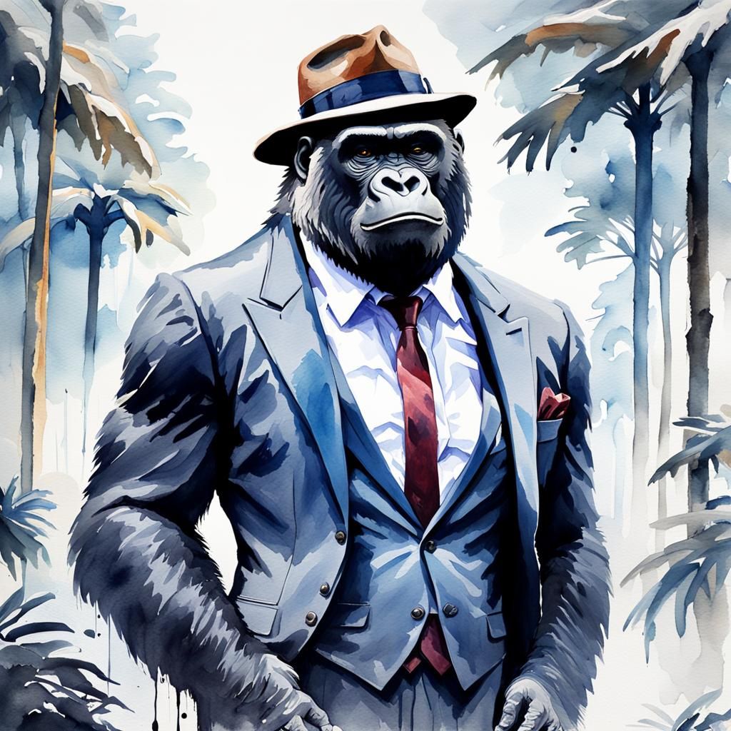 Gorilla in Suit and Fedora: Watercolor Painting