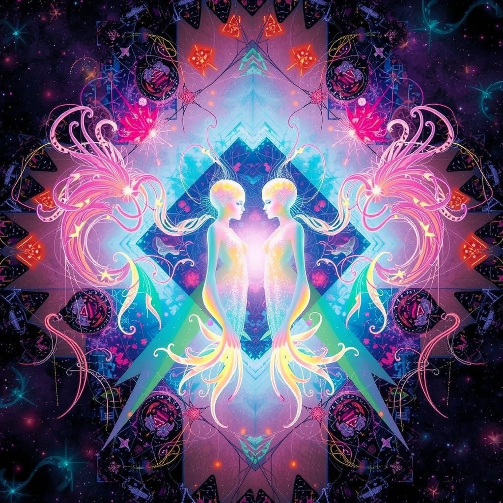 Surreal Cosmic Beings in Fractured-Glass Mosaic Style