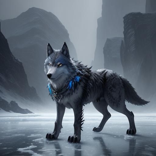 a wolf trapped in cold thin ice detailed matte painting, deep color ...