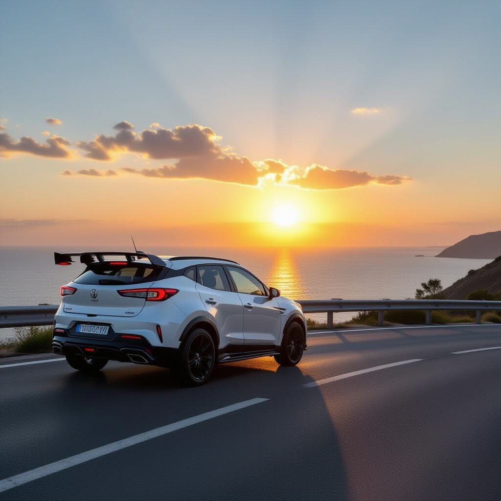 Race Car on Coastal Road at Sunrise
