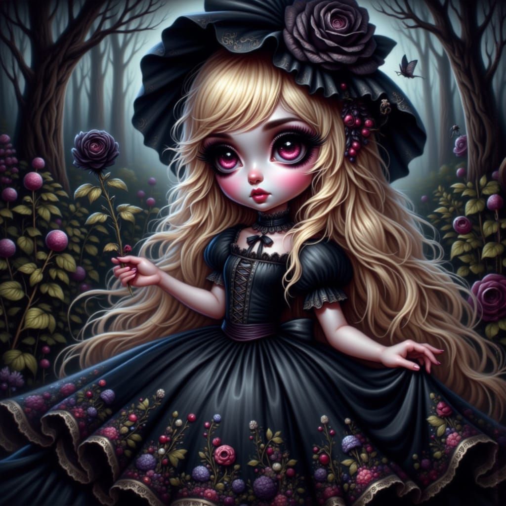 a little gothic girl dressed in a black dress with embroderied floral trim.  She is holding a black rose in her hand.  the background is a d...