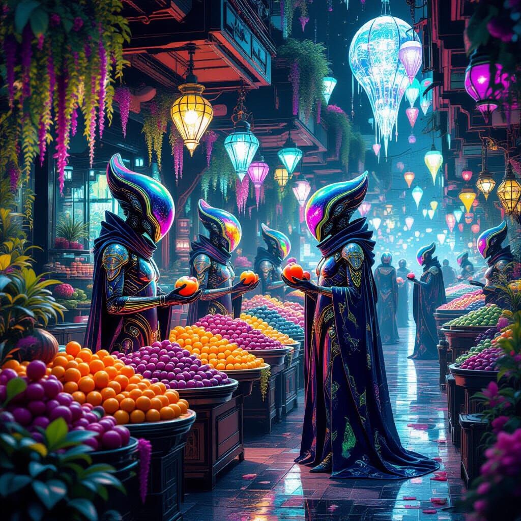 An alien market scene unfolds on a vibrant, bioluminescent planet, where vendors with crystalline exoskeletons ...  by @Iconoclast