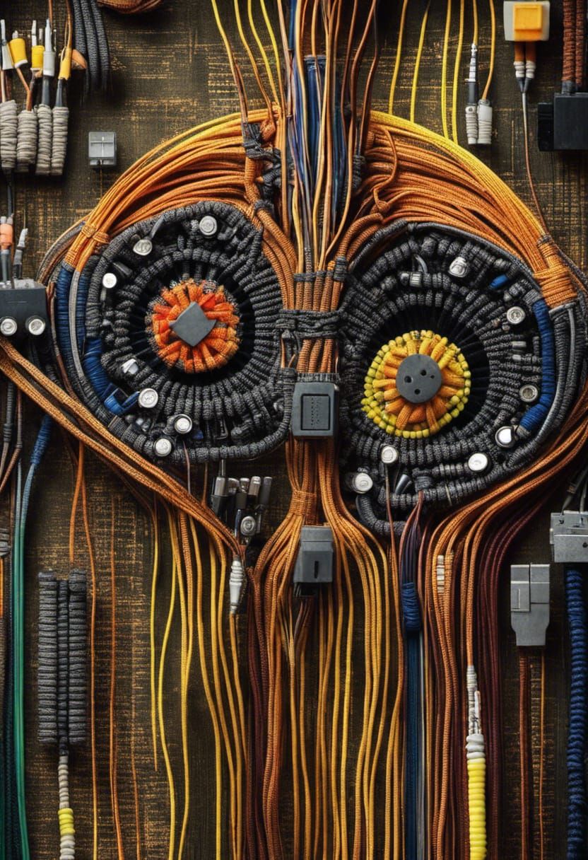 complex intricate macrame made from old computer cables with attached 8