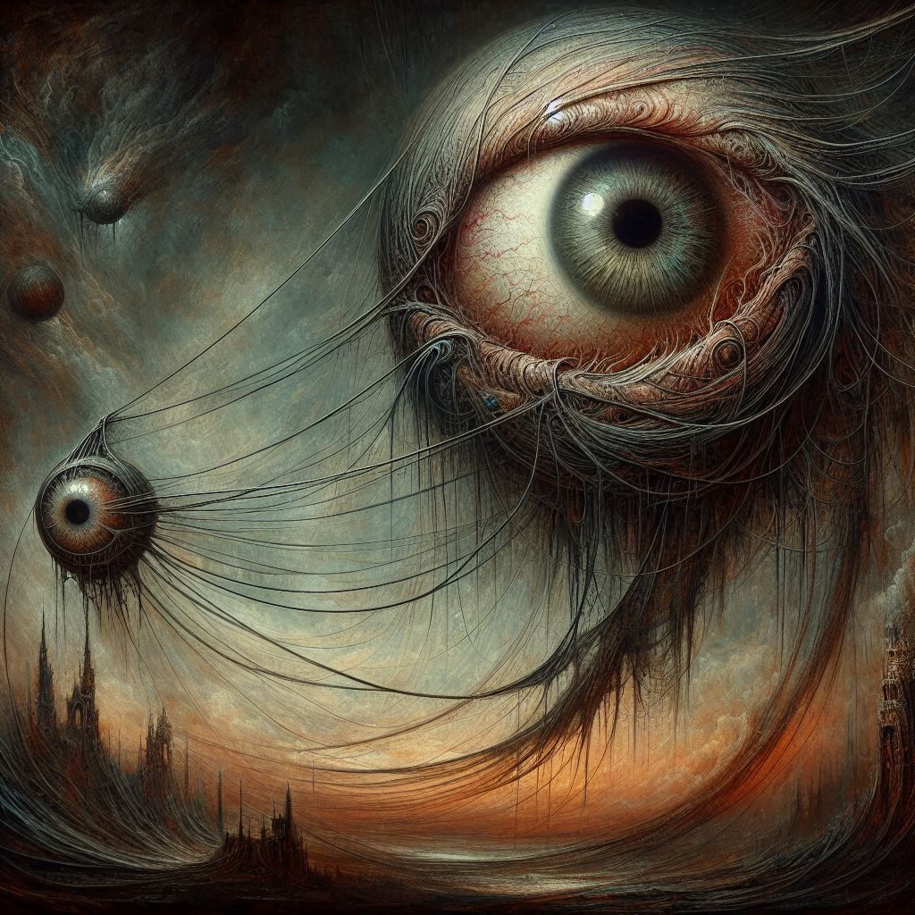 An eye that sways, detached, afloat, on a thread that pulls,...