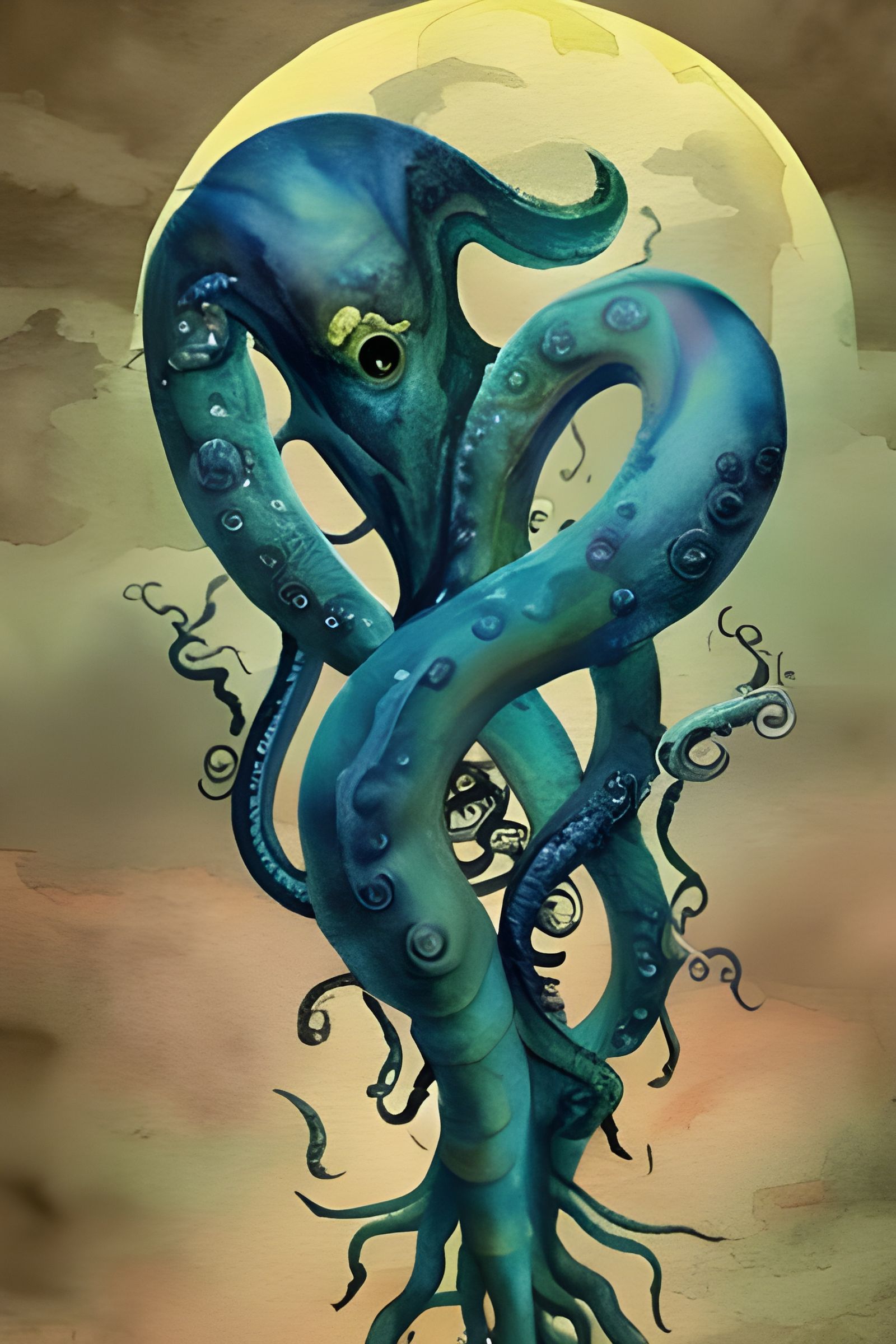 The tentacled monsters danced by the light of the moon.  Beautiful watercolour surreal art.