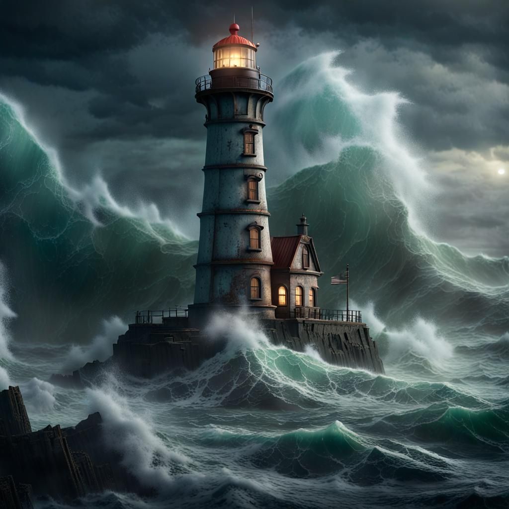 Old Lighthouse vs Rough Seas and Giant Waves  by @Moonlight Designs