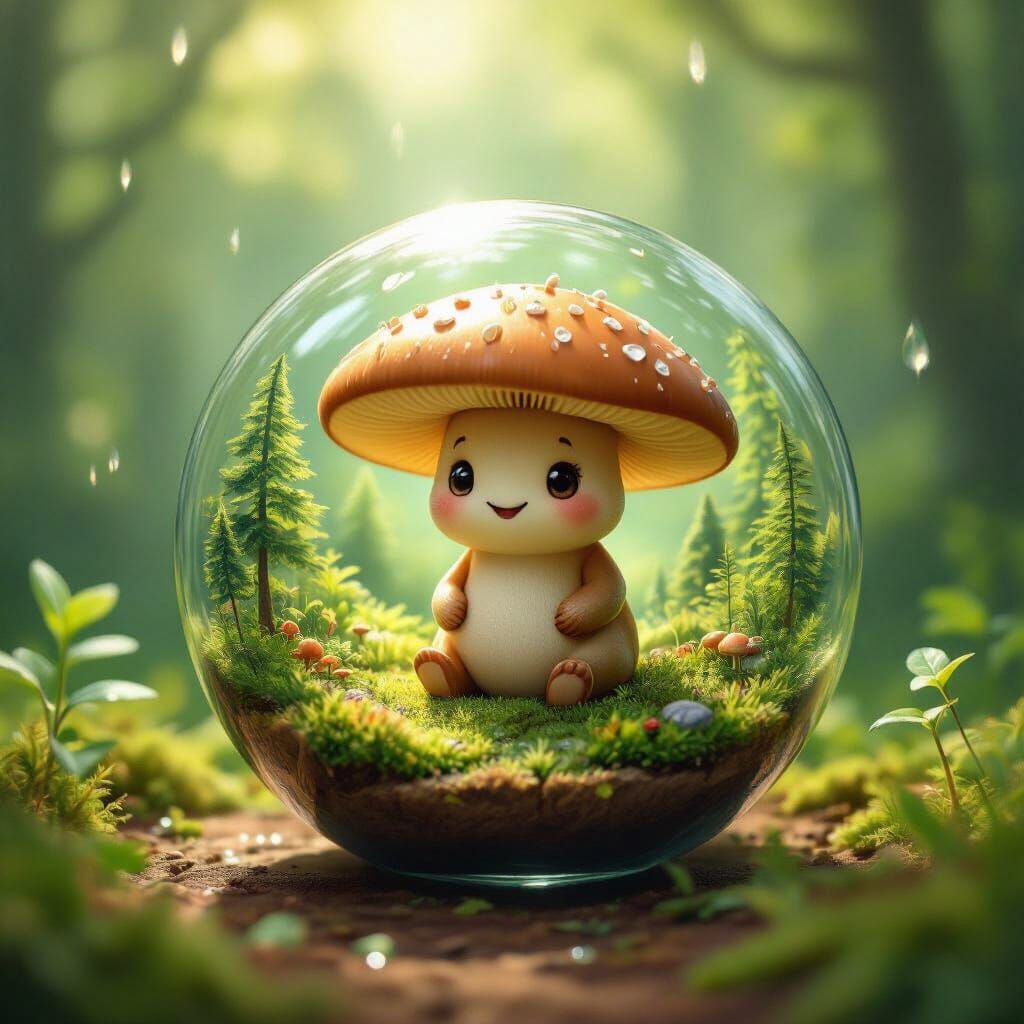 Whimsical Mushroom in Glass Orb: Storybook Illustration