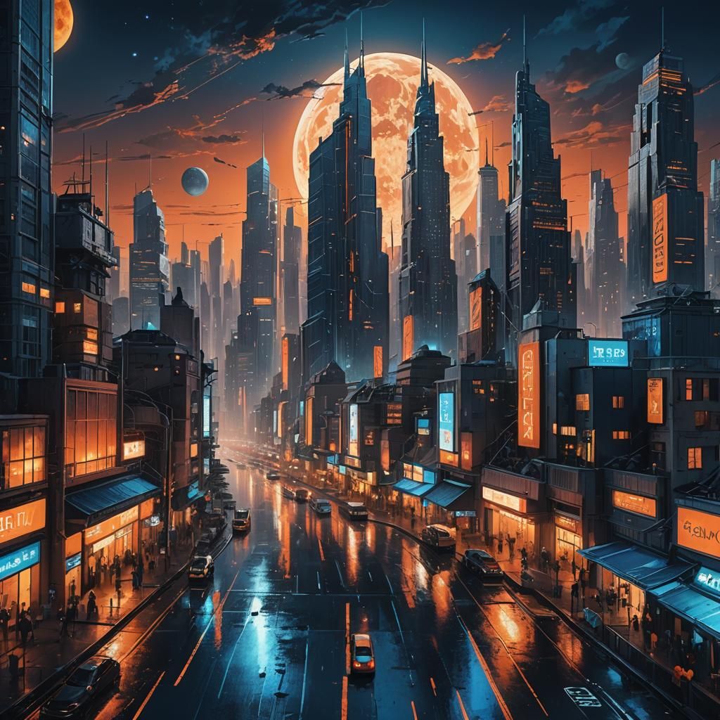 Una cuidad del futuro con rascacielos enormes y una gran luna llena  by @Caprimulgus 