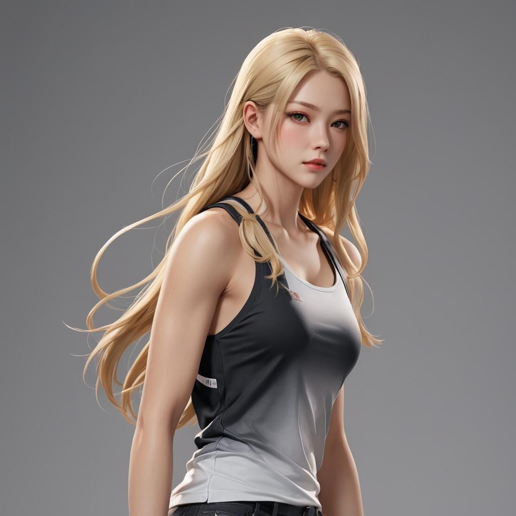 Medium shot of a beautiful woman, long blonde 
hair wearing ...