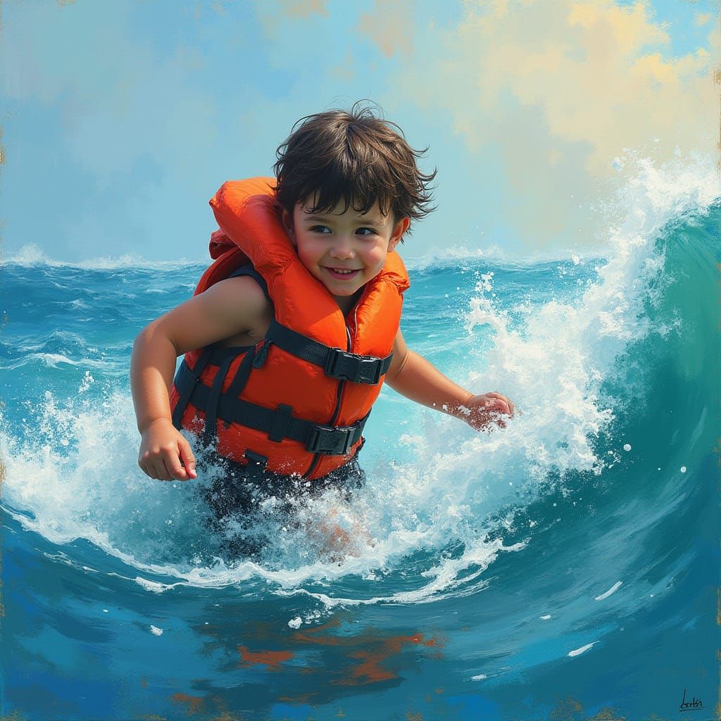 Boy Daringly Grasps Ocean Waves in Turbulent Sea