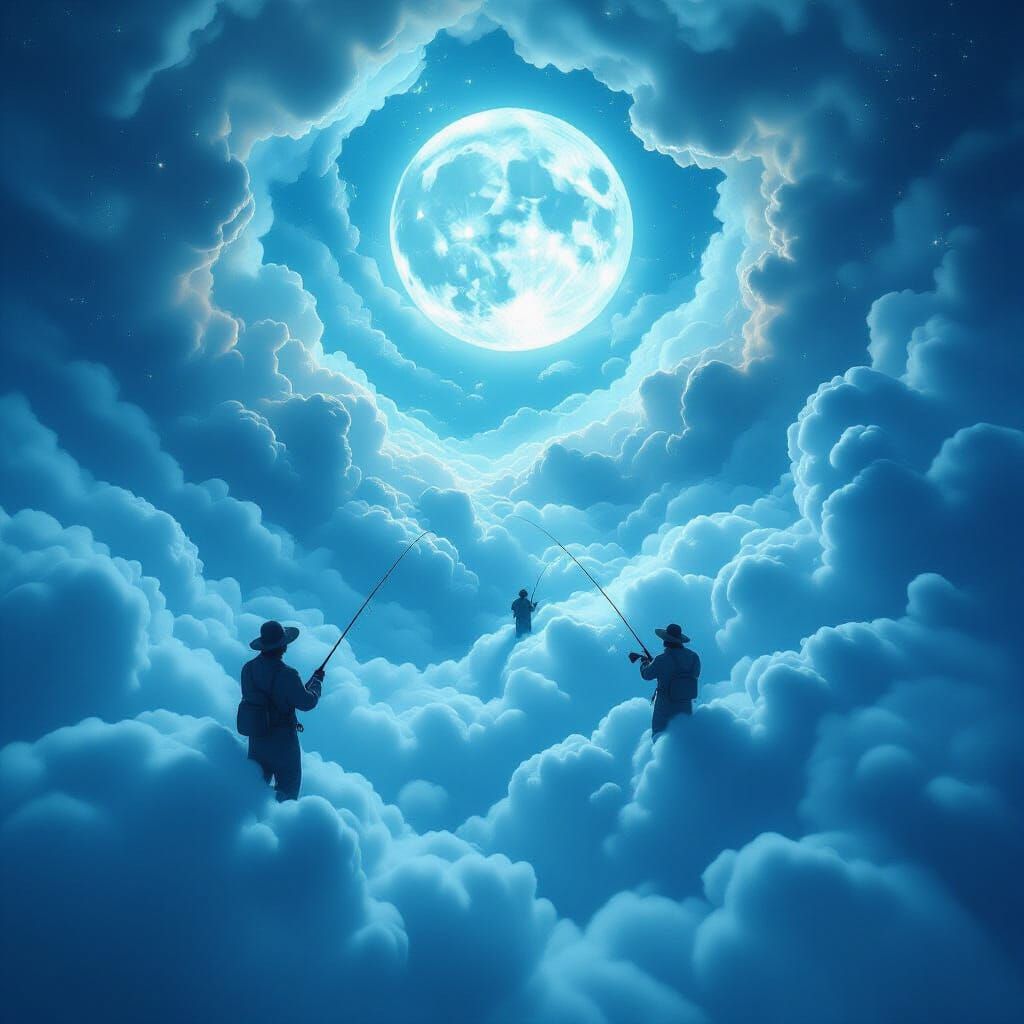 Highly creative surrealism. Photograph.Wide shot.Fishermen on clouds, casting their lines into a sea of swirling dreams and forgotten memori...