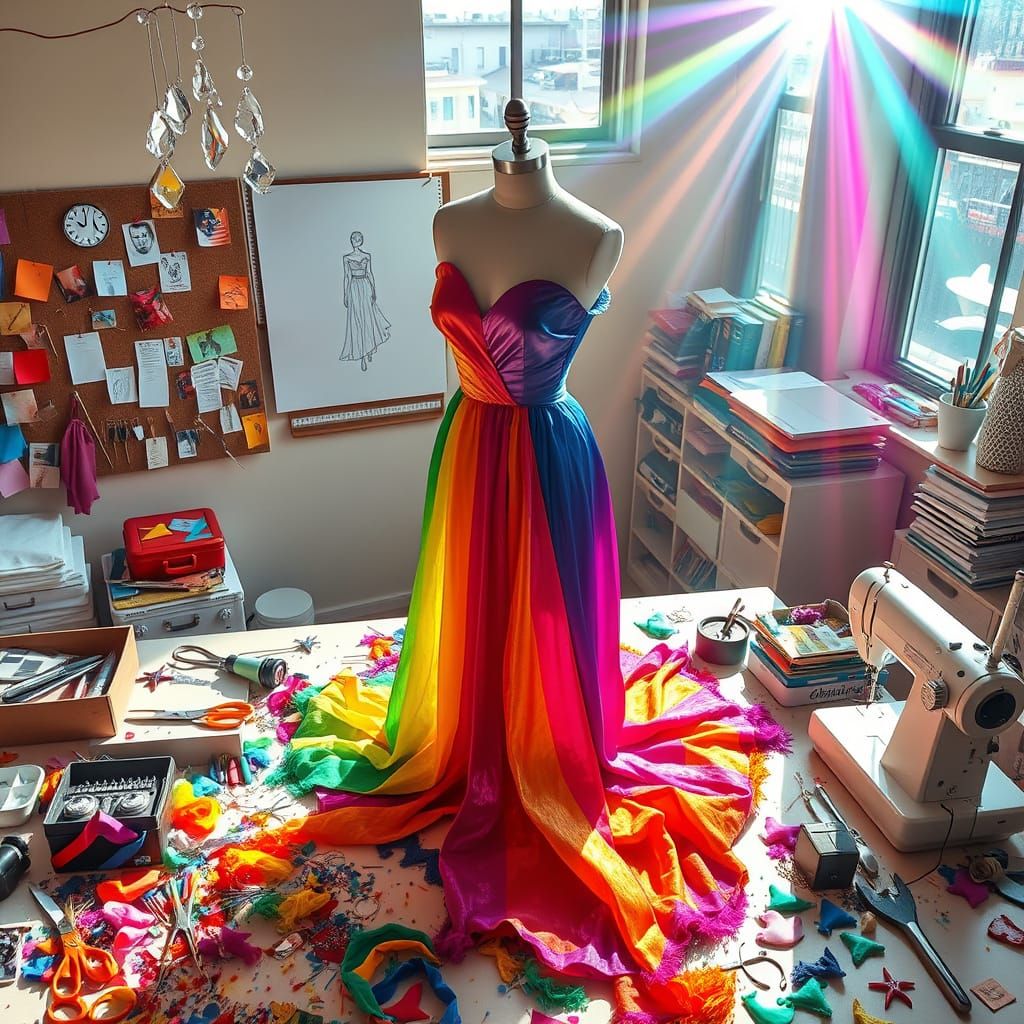 Stunning boldly colorful image of a fashion design studio. Interesting angle with a dressmakers form ...  by @Mistymaywrite
