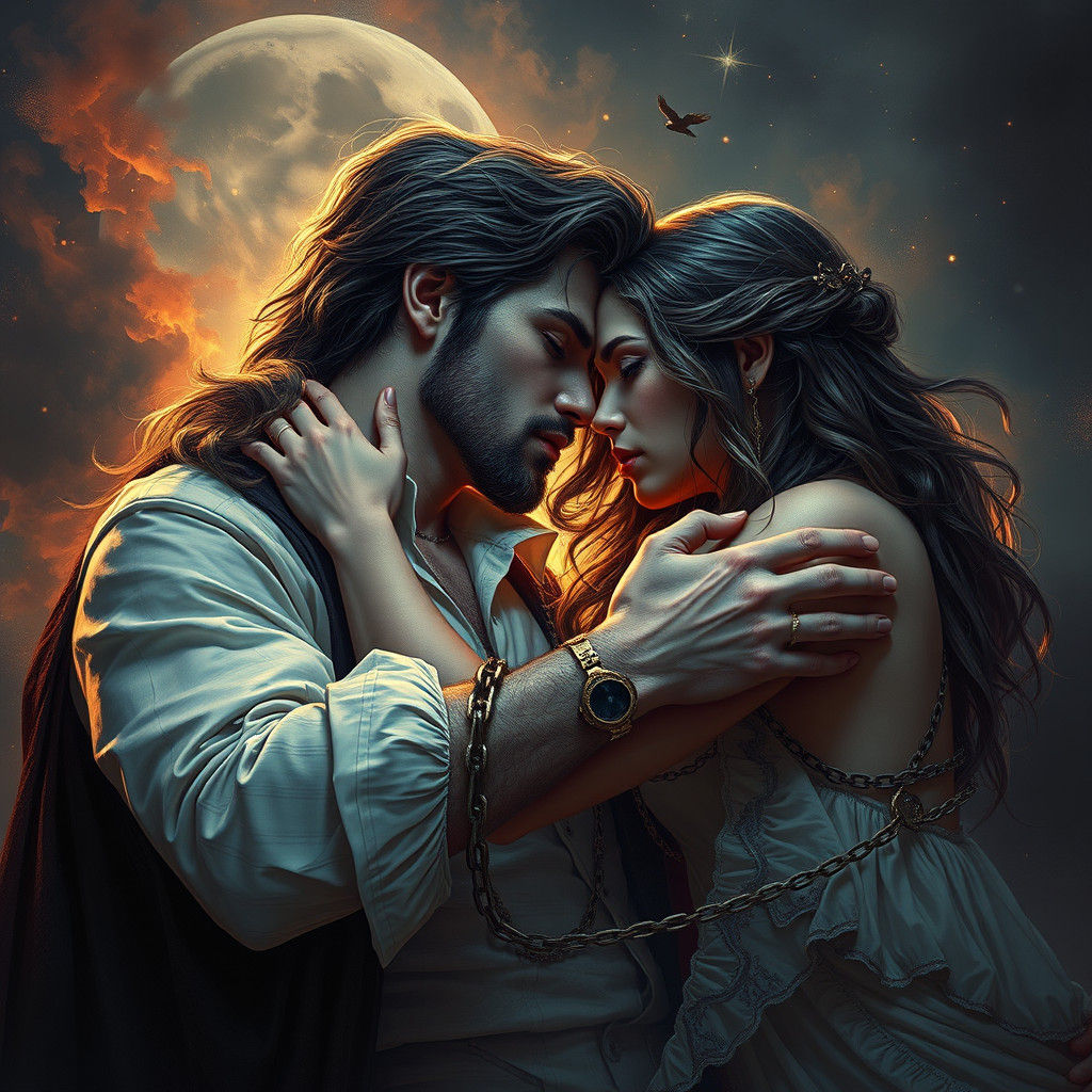 A paranormal, fantasy romance genre hyper realistic illustration based on the song Unchained Melody arms by the Righteou...