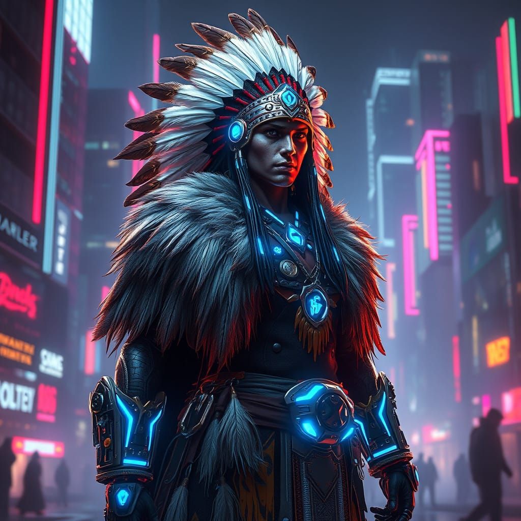 Craft a digital painting that combines elements of Native mythology with futuristic technology.