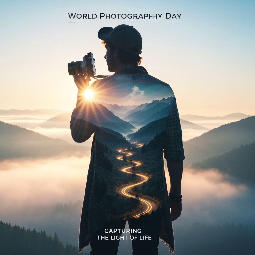 A breathtaking surreal artwork celebrating World Photography Day. A photographer stands against a glowing ...  by @Charlene-Lee