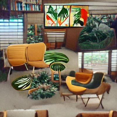 Tropical Jungle but it's a mid-century modern living room
