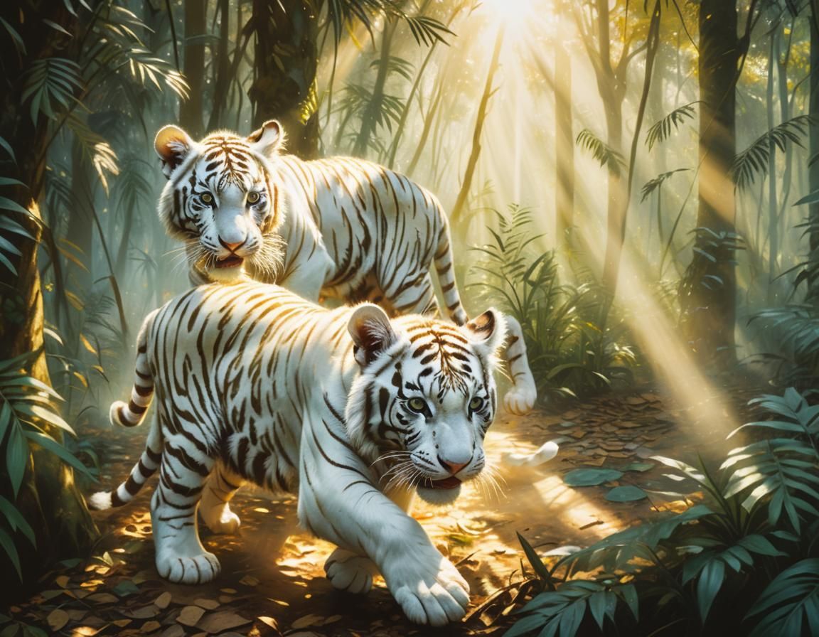 White Tiger Cubs, Playing With Their Mother in the jungle, African Jungle, Befriending A Girl In The Woods, Perfect Hands, Perfect Face, Ful...