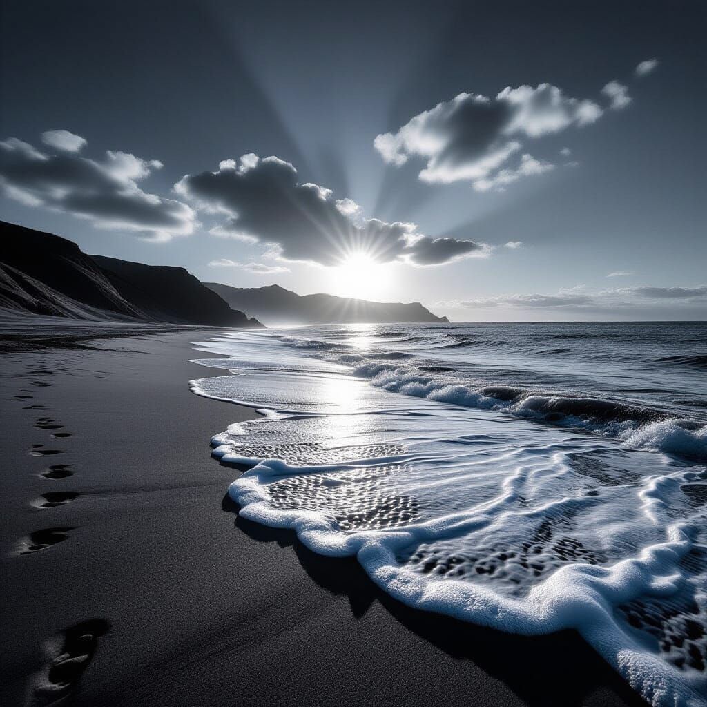 Deserted Beach at Sunset Black and White Photograph