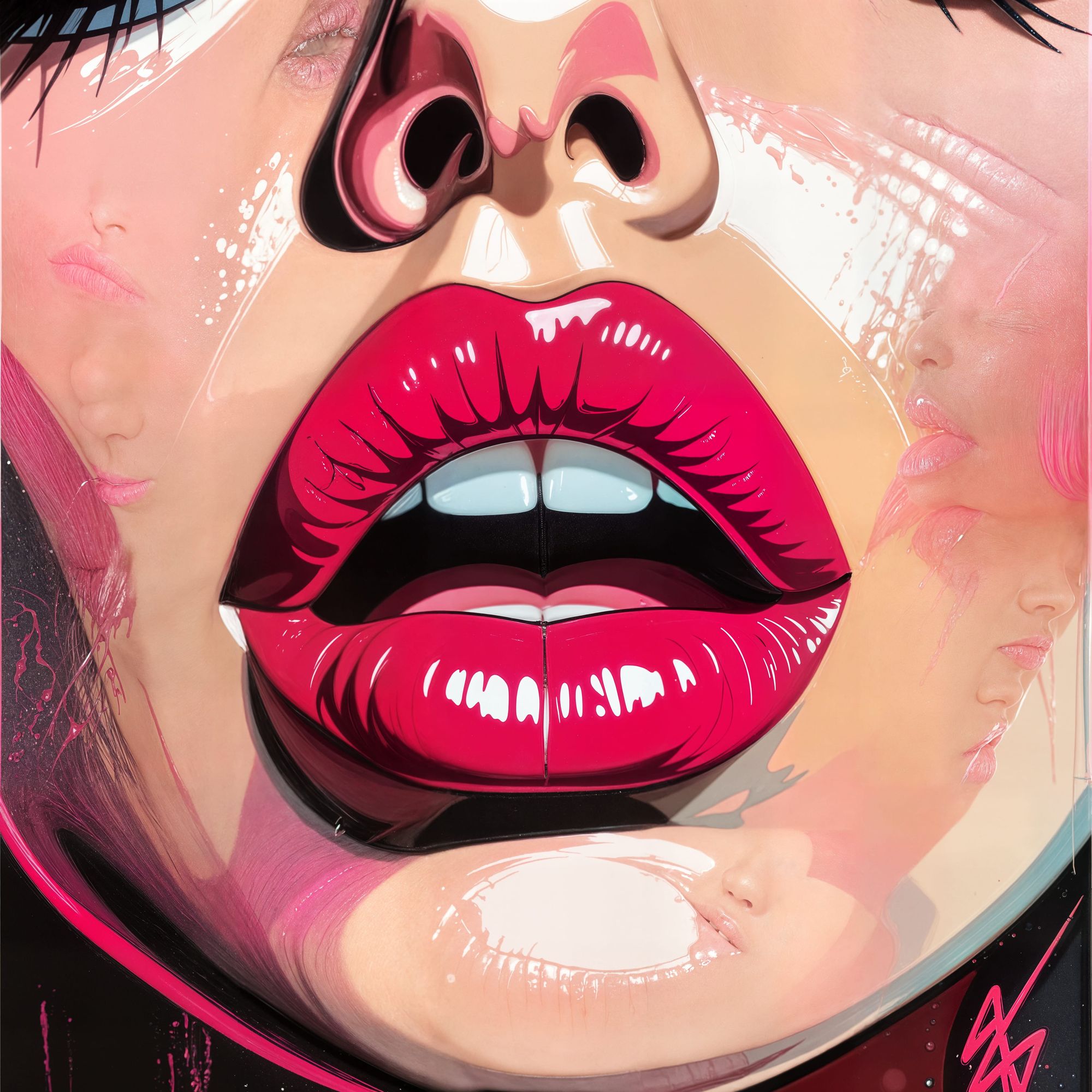 Lips with pink lip stick,  but is closed with a red zip