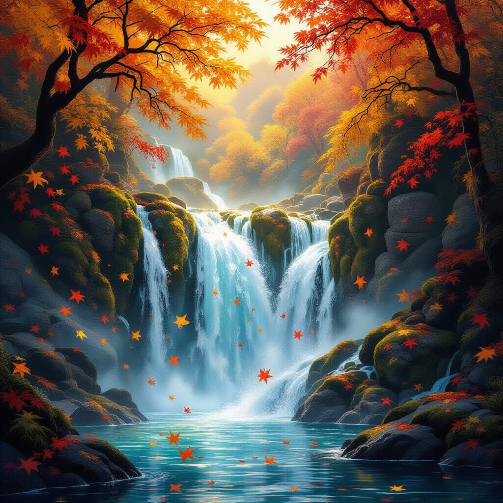 On a sacred sheet of paper, the hand of an artist draws a magnificent fantasy autumn waterfall — golden and crimson leaves swirl in the air,...