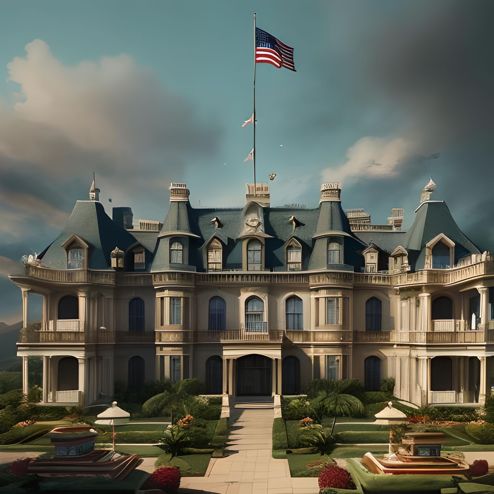 A resort carrying a huge American Flag above it, real, polit...