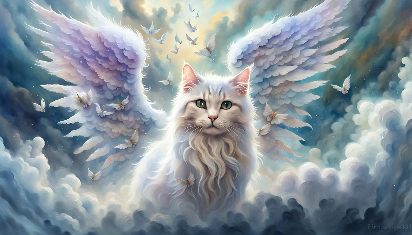 Cat heaven, 13 cute fluffy cats with angel wings playing, wa...