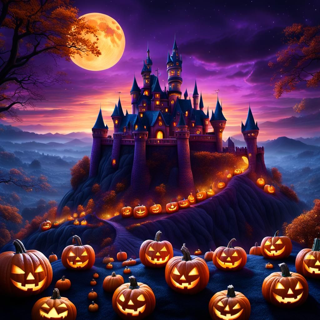 Mystic Castle and Carved Pumpkins in Fantasy Landscape