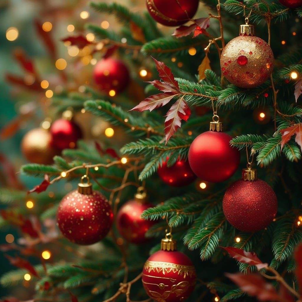 Red baubles on a green Cristmas tree, afternoon, glow <lora:Earth and teal:1.0> 