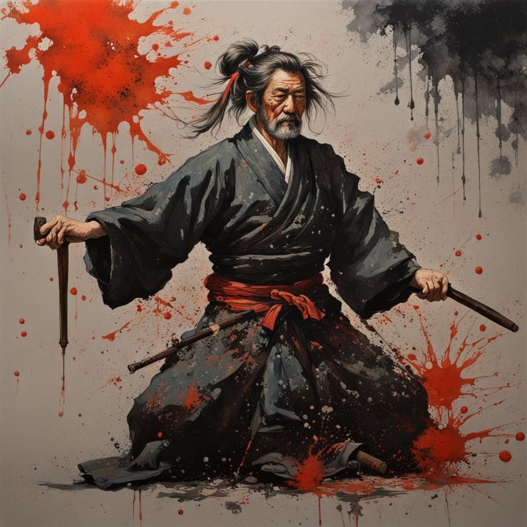 renaissance style oil painting of an old japanese samura ink splatter with color. dark background oil ...  by @Alvs