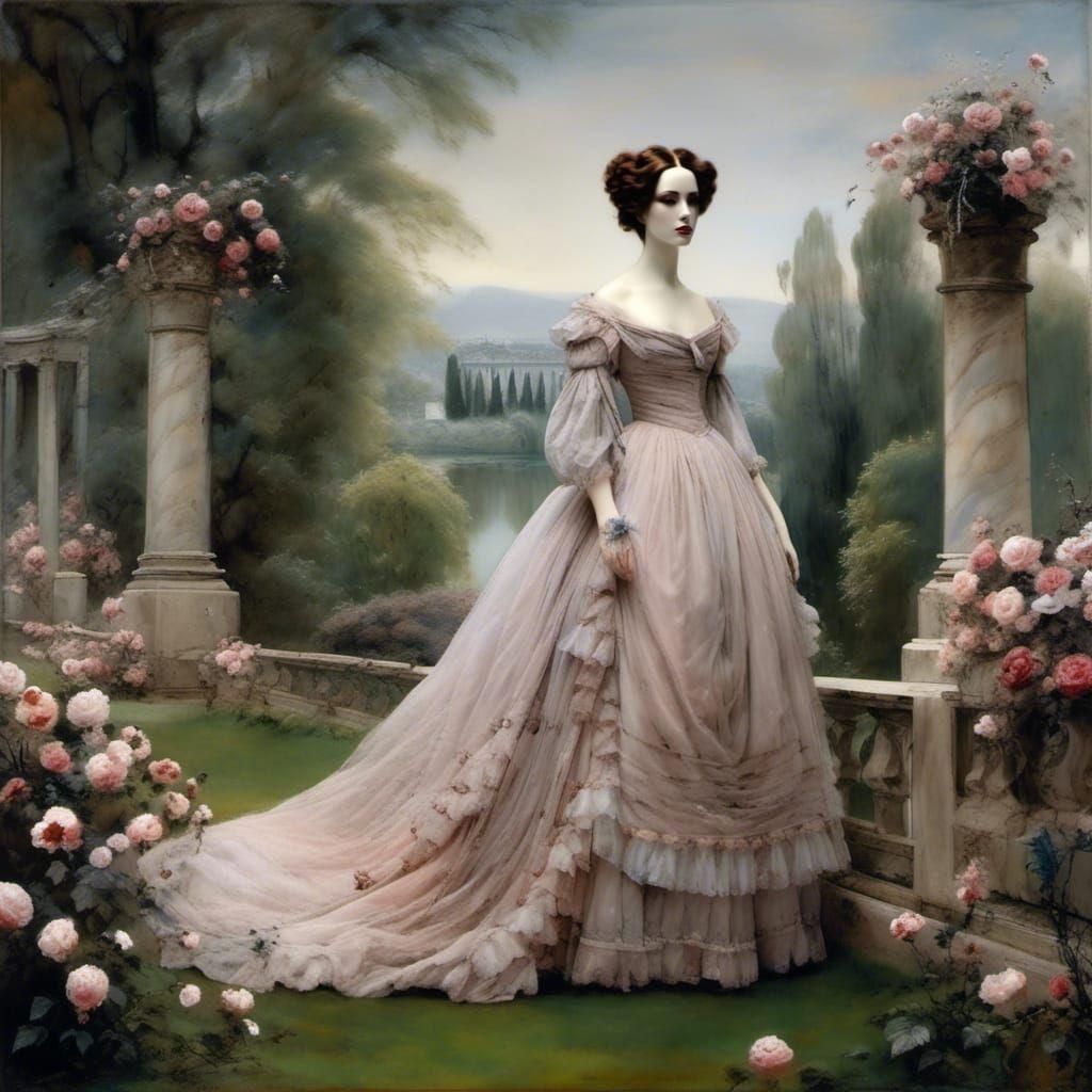 Mary Shelley by Tim Burton. 19th century clothing, Regency style sad girl in beautiful flowing gossamer Empire-line gown walking  at Villa D...