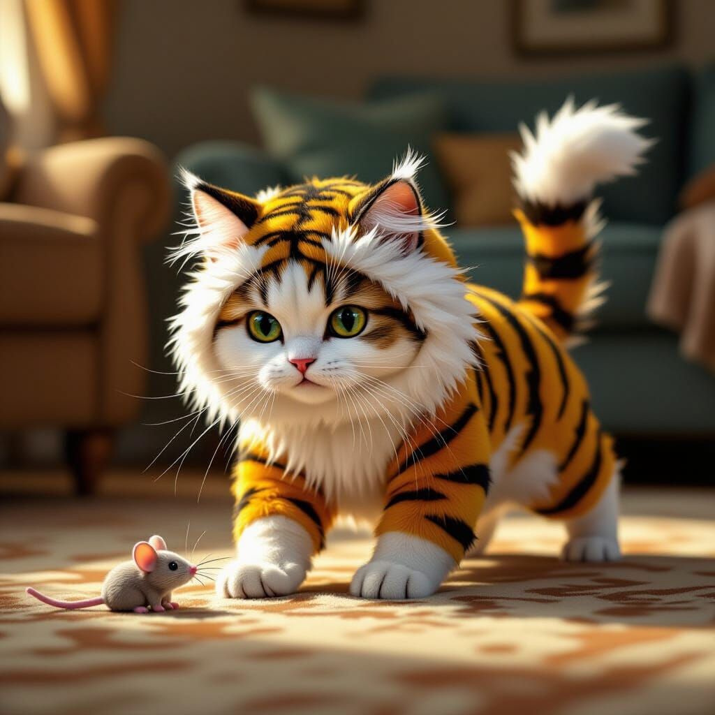 Fluffy Cat in Tiger Costume Stalks Toy Mouse