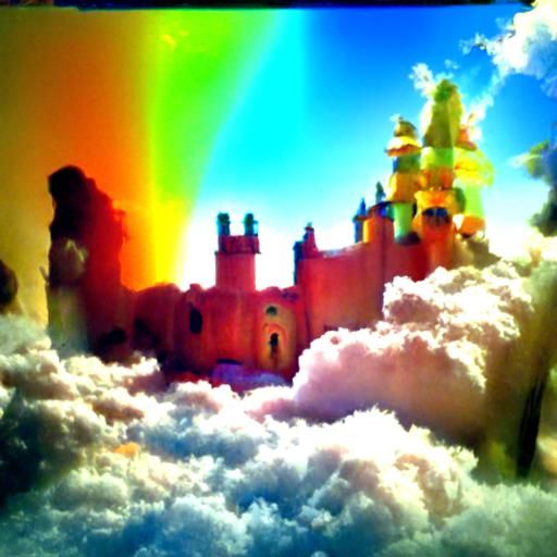 Psychedelic fantasy castle heavenly sunshine beams divine br...