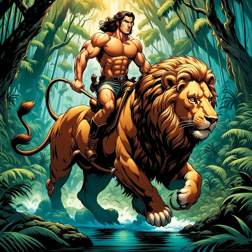 Tarzan is riding a lion.