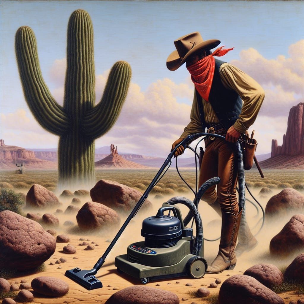 A typical dusty desert. some small rocks a big green catus i...