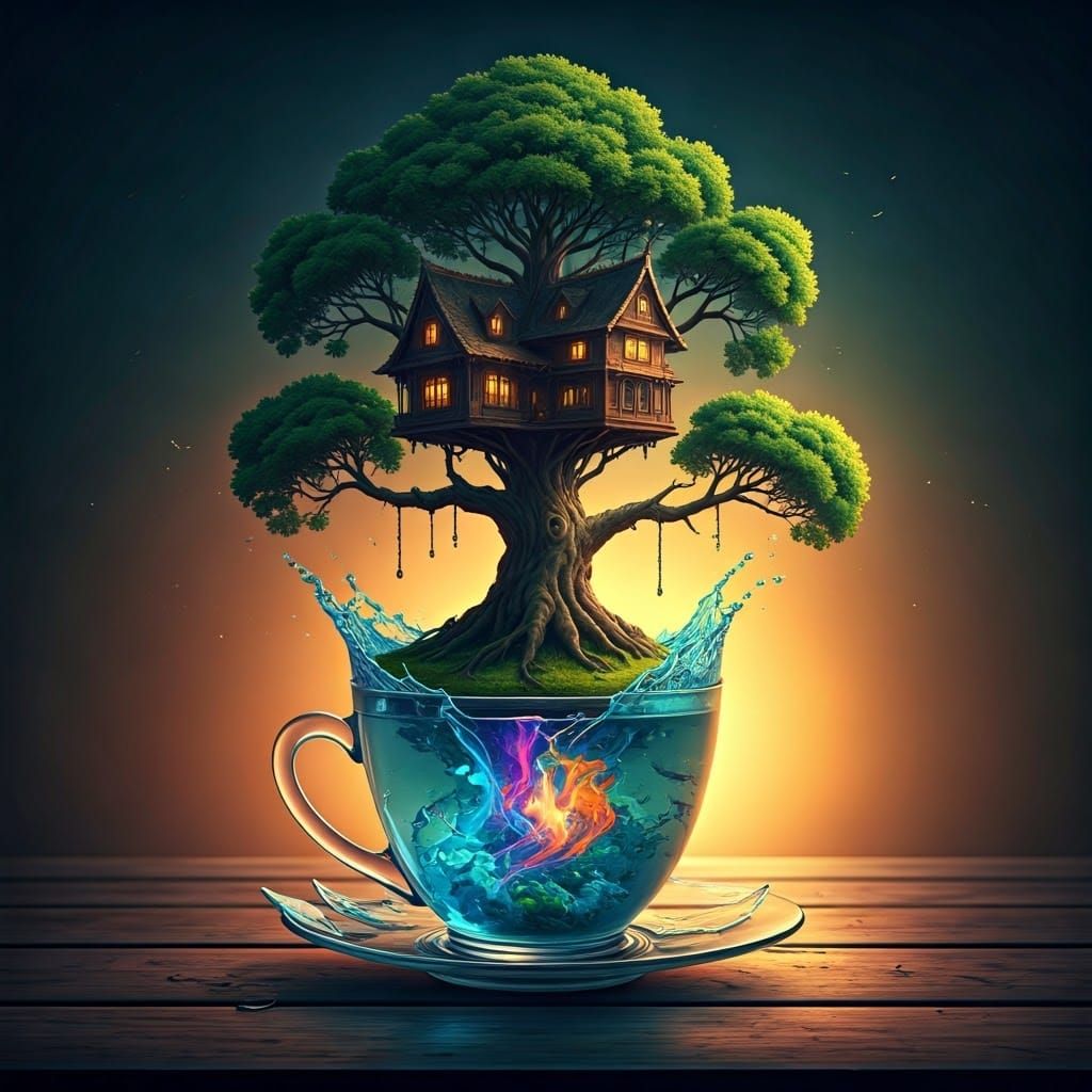 in a broken glass cup there is a huge oak tree inside of which a whole house with many rooms is arranged. under the oak there is a lake, wat...