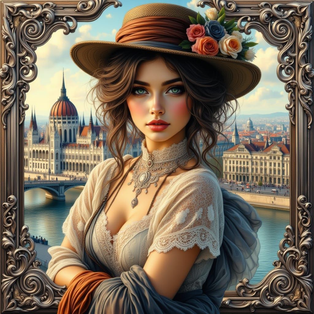 Edwardian Woman in Budapest with Art Nouveau Frames