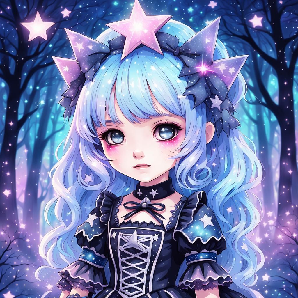 Pastel Anime Star Necromancer in Magical Forest