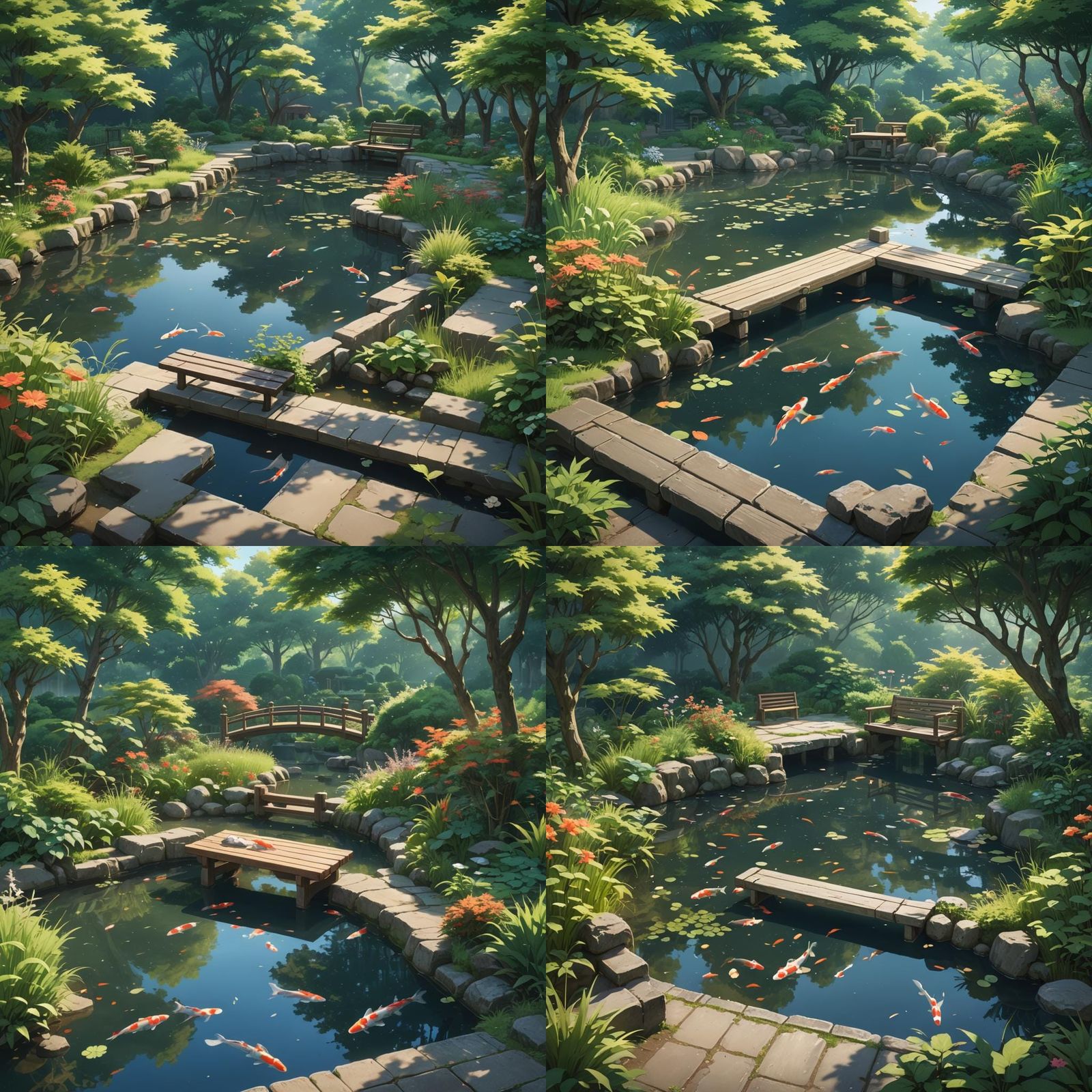 a tranquil koi fish pond, with a garden surrounding it, an e...