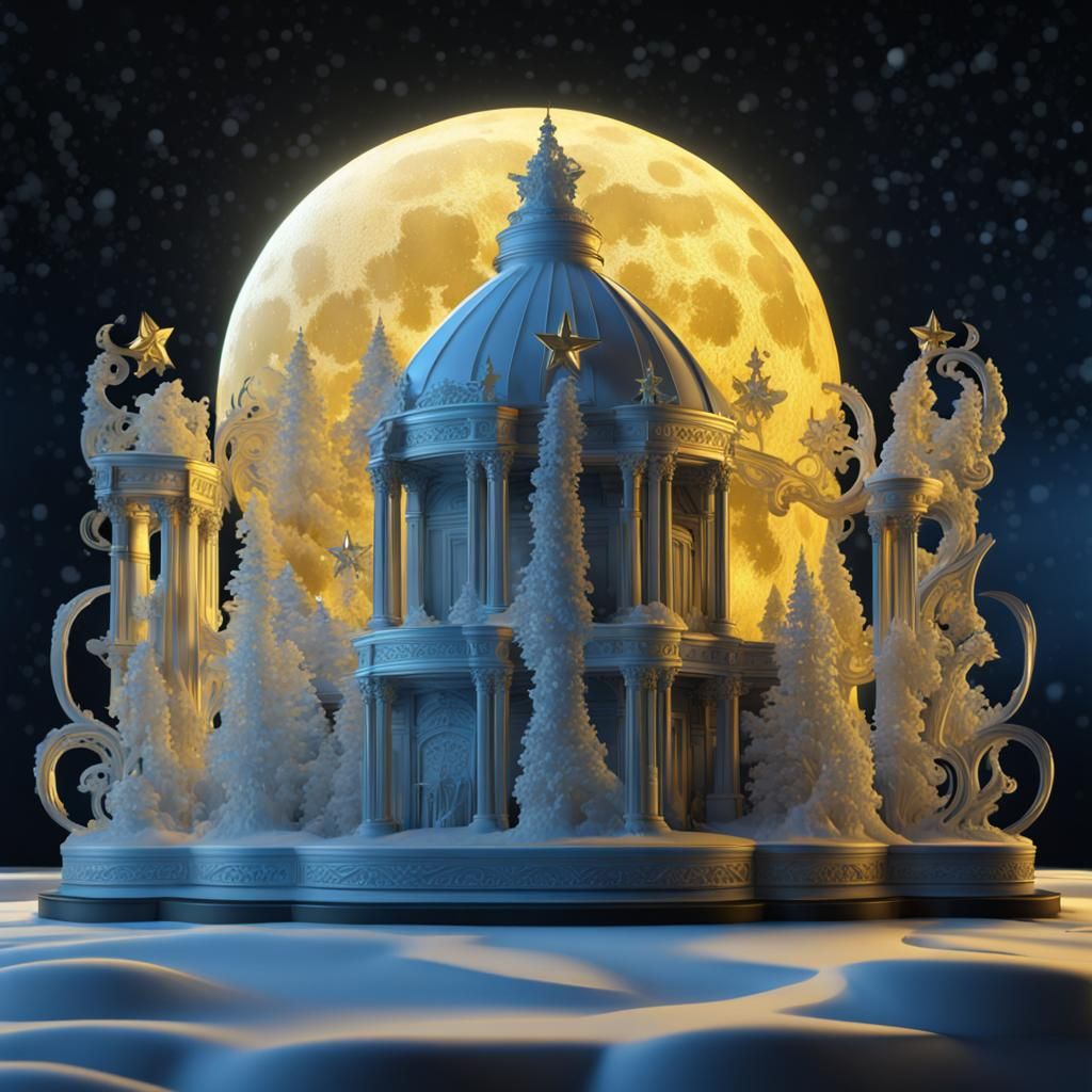 Ice sculpture of an opera house at night.