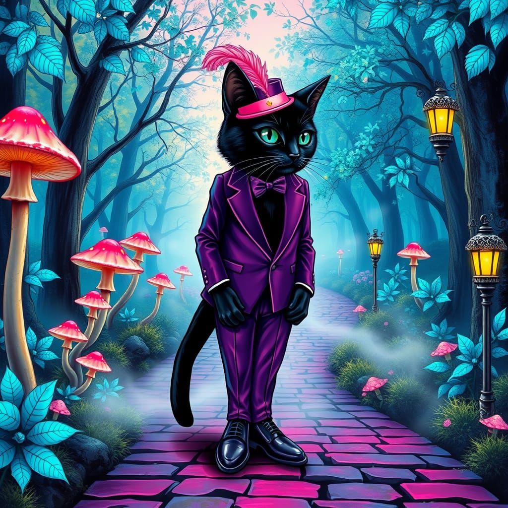 Humanoid Black cat wearing a dark pastel purple tuxedo ,ligh...